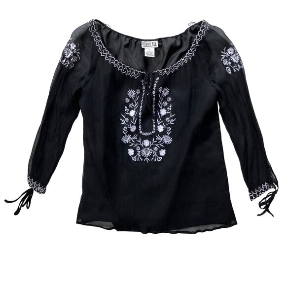 Robbie B Vintage Y2K Silk Boho Embroidered Blouse Size 8 Whimsygoth Black White - Picture 1 of 6